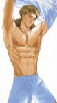  1boy absurdres arms_up blonde_hair blue_shirt blue_shorts brown_eyes cowboy_shot hat highres jujutsu_kaisen looking_to_the_side male_focus nanami_kento nipples nthndn pectorals scar shirt short_hair shorts solo straw_hat undercut undressing white_background 