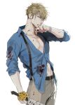  1boy absurdres animal_print belt black_belt blonde_hair blood blood_on_clothes blood_on_face blood_on_hands blue_eyes blue_shirt collared_shirt cowboy_shot grey_pants highres holding holding_weapon jujutsu_kaisen leopard_print long_sleeves male_focus mamita nanami_kento necktie open_clothes open_shirt pants shirt short_hair solo standing suspenders torn_clothes torn_shirt watch weapon wristwatch yellow_necktie 