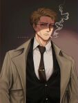 1boy absurdres black_necktie blonde_hair blue_eyes buttons cigarette collared_shirt formal glasses highres jujutsu_kaisen long_sleeves looking_at_viewer male_focus nanami_kento necktie nthndn shirt short_hair smoking solo suit tie_clip trench_coat upper_body white_shirt 
