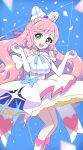  1girl ahoge bow braid commentary cure_prism dantyo0 dress elbow_gloves gloves hair_bow heart heart_ahoge highres hirogaru_sky!_precure long_hair looking_at_viewer magical_girl nijigaoka_mashiro open_mouth pink_bow pink_hair precure side_braids smile solo white_bow white_dress white_gloves 