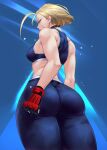  1girl ass ass_focus bangs bare_shoulders blonde_hair braid breasts cammy_white gabriel_carrasquillo gloves hat highres huge_ass looking_away medium_breasts official_alternate_hair_length official_alternate_hairstyle scar short_hair solo standing street_fighter street_fighter_6 thick_thighs thighs 
