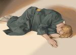  1boy blonde_hair blue_kimono closed_eyes full_body japanese_clothes jujutsu_kaisen kimono long_sleeves lying male_focus nanami_kento okaya_(blackjokecompany) on_side short_hair sleeping socks solo white_socks 