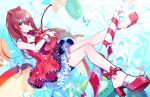  1girl brown_eyes brown_hair commentary_request dress food fruit high_heels high_ponytail highres idolmaster idolmaster_shiny_colors layered_skirt long_hair looking_at_viewer osaki_tenka oversized_food red_dress red_nails short_dress skirt solo underwater yuura 