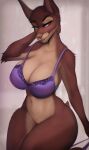  absurd_res anthro bedroom_eyes big_breasts bottomless bra bra_only breasts brown_body brown_fur canid canine cleavage clothed clothing eyelashes female fur genitals hand_behind_head hi_res looking_at_viewer mammal narrowed_eyes pussy seductive solo underwear underwear_only veliren_rey wide_hips 