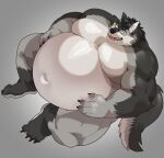  absurd_res anthro belly big_belly canid canine canis hi_res high-angle_view hyper hyper_belly lucusold male mammal musclegut sitting smile solo thick_thighs wolf 