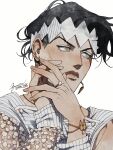  1boy black_hair bracelet diamond_wa_kudakenai earrings frown green_eyes headband jewelry jojo_no_kimyou_na_bouken kishibe_rohan male_focus mismatched_earrings mm_jjba portrait ring signature sleeves_past_wrists solo white_headband 