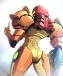  1girl arm_cannon armor artist_name bloom commentary_request cowboy_shot facing_away full_armor gonzarez hand_up helmet highres light_particles metroid metroid_prime power_armor power_suit power_suit_(metroid) samus_aran science_fiction solo standing thumbs_up twitter_username visor_(armor) weapon 
