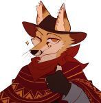  absurd_res anthro black_nose brown_body brown_fur canid canine canine_ears claws clothing cowboy_hat digital_media_(artwork) fennec fox fur gale_(galefoxy) gesture hat headgear headwear hi_res hybrid inner_ear_fluff looking_at_viewer male mammal moujiiz one_eye_closed pawpads red_fox simple_background solo star teeth thumbs_up tuft whiskers white_body white_fur wink yellow_body yellow_eyes yellow_fur 