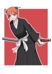  1girl black_hakama black_kimono bleach blue_eyes border bun_cover cosplay gangbi2 gintama grin hakama highres holding holding_sword holding_weapon japanese_clothes kagura_(gintama) kimono kuchiki_rukia kuchiki_rukia_(cosplay) leaning_forward long_sleeves orange_hair outline outside_border red_background sheath sheathed short_hair smile solo standing sword weapon white_border 