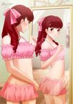  1girl aznmeee bangs bikini bikini_skirt blush commentary_request hair_ribbon highres indoors long_hair looking_at_mirror mirror official_alternate_costume persona persona_5 persona_5_the_royal pink_bikini pink_ribbon pink_skirt ponytail red_eyes red_hair reflection ribbon signature skirt solo stomach swimsuit yoshizawa_kasumi 