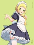  1girl :d alternate_costume apron bangs black_dress blonde_hair blunt_bangs blush braid braided_ponytail commentary_request cosplay dawn_(pokemon) dawn_(pokemon)_(cosplay) dress enmaided frills green_background hair_over_shoulder hand_up highres kinocopro lillie_(pokemon) long_hair looking_down maid maid_headdress open_mouth pokemon pokemon_(anime) pokemon_dppt_(anime) pokemon_sm_(anime) short_sleeves simple_background smile solo thighhighs twitter_username watermark white_apron white_thighhighs 