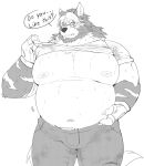  absurd_res anthro big_breasts bodily_fluids breasts bulge clothed clothing dialogue hi_res looking_at_viewer lucusold male moobs overweight overweight_male raised_clothing raised_shirt raised_topwear shirt shy solo sweat thick_thighs topwear 