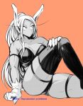  1girl animal_ears armlet ass boku_no_hero_academia breasts dark-skinned_female dark_skin greyscale highres leotard long_eyelashes long_hair looking_to_the_side mirko monochrome nstime23 orange_background playboy_bunny rabbit_ears rabbit_girl simple_background sitting solo thighhighs 