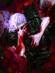  2boys armor bare_arms berserk berserker_armor black_armor blood blood_on_hands blood_on_weapon blue_eyes dragonslayer_(sword) griffith_(berserk) guts_(berserk) highres hug long_hair looking_at_viewer male_focus multiple_boys o3xalpxfuuq0s2m sword wavy_hair weapon white_hair 