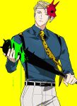  1boy alternate_eye_color animal_print black_pants blonde_hair blue_shirt club_(weapon) green_eyes grey_pants highres holding holding_weapon jujutsu_kaisen leopard_print long_sleeves looking_at_viewer male_focus mochiya_(mochiya0504) nanami_kento necktie pants shirt short_hair solo spiked_club standing suspenders weapon yellow_background yellow_necktie 