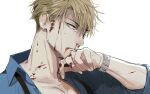  1boy blonde_hair blood blood_on_hands blue_eyes blue_shirt collared_shirt jujutsu_kaisen male_focus mamita nanami_kento shirt short_hair solo suspenders upper_body watch white_background wristwatch 