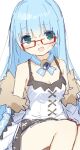  1girl :d bangs bare_shoulders blanc_(neptune_series) blanc_(neptune_series)_(cosplay) blue_hair blush_stickers breasts buran_buta character_request choujigen_game_neptune cleavage coat cosplay dress feet_out_of_frame fur-trimmed_coat fur_trim glasses green_eyes hair_between_eyes highres neptune_(series) off_shoulder red-framed_eyewear simple_background sitting sleeveless sleeveless_dress small_breasts smile solo sweat white_background white_coat white_dress 