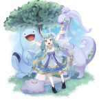  absurdres arms_up ayu_miko black_footwear blue_hair bow ditto dress dress_bow eyelashes goodra hair_bow happy highres horns long_hair open_mouth original outdoors pointy_ears pokemon purple_bow purple_eyes quagsire teeth thick_eyebrows tree upper_teeth_only 