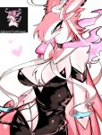  1girl bare_arms black_dress blue_eyes blush breasts closed_mouth dress ear_piercing fang fang_out furry furry_female fusion highres large_breasts piercing pokemon pokemon_(creature) standing sylveon typhlosion usa37107692 