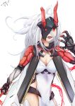  1girl absurdres armored_gloves artery_gear artery_gear:_fusion breasts claws cleavage commentary_request dress fang hair_between_eyes highres horns long_hair mask messy_hair oni_mask open_mouth red_eyes shura_(artery_gear) signature white_background white_dress white_hair yukiguni_kitsune 