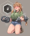  1girl ahoge belt blonde_hair blue_eyes blush boots braid breasts bright_pupils brown_footwear collarbone denim denim_shorts dumbbell ergot escape_from_tarkov exercise floating_hair full_body gameplay_mechanics green_shirt grey_background half-closed_eyes holding indie_virtual_youtuber kneeling large_breasts long_hair mouse_(computer) open_mouth shirt shirt_tucked_in short_shorts short_sleeves shorts sidelocks signature solo steaming_body sweat t-shirt thighs v-shaped_eyebrows weightlifting whiskey_project white_pupils 