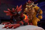  3d_(artwork) anal anal_penetration anthro azphyr balls bowser collar digital_media_(artwork) duo erection fur generation_7_pokemon genitals hair hi_res horn incineroar male male/male male_penetrated male_penetrating male_penetrating_male mario_bros muscular muscular_male nintendo nude penetration penile penis pokemon pokemon_(species) red_body red_fur sex source_filmmaker teeth 