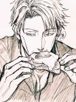  1boy bread breasts cleavage collared_shirt eating egg food fried_egg fried_egg_on_toast greyscale highres holding holding_food jujutsu_kaisen looking_at_viewer male_focus monochrome nanami_kento neconii_oo shirt short_hair sketch solo upper_body 