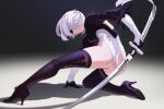  1girl ass back_cutout black_blindfold blindfold boots clothing_cutout dnaitari feather-trimmed_sleeves feather_trim full_body high_heel_boots high_heels highres holding holding_sword holding_weapon juliet_sleeves katana leotard long_sleeves mole mole_under_mouth nier:automata nier_(series) one_knee puffy_sleeves short_hair solo sword thigh_boots thighhighs thighhighs_under_boots thong_leotard weapon white_hair white_leotard yorha_no._2_type_b 