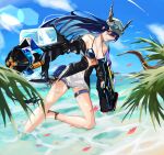  1girl absurdres arknights bare_legs bare_shoulders beach bikini black_bikini black_jacket blue_hair blue_sky breasts ch&#039;en_(arknights) ch&#039;en_the_holungday_(arknights) cleavage cloud commentary day dragon_horns highres holding holding_water_gun horns jacket large_breasts long_hair looking_at_viewer maron_(cwuv7557) ocean off_shoulder red_eyes sky solo swimsuit thigh_strap thighs very_long_hair water water_gun 