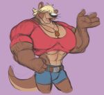  2023 abs abstract_background anthro athletic athletic_anthro athletic_male biceps blonde_hair bottomwear brown_body brown_fur clothing crop_top denim denim_clothing digital_drawing_(artwork) digital_media_(artwork) fingers fur hair hair_over_eyes hand_on_hip hand_on_own_hip hi_res jewelry joelasko long_tail male mammal midriff multicolored_body multicolored_fur muscular muscular_anthro muscular_male mustelid my_bigger_boyfriend necklace ocean_otter open_mouth otter pecs pink_background shirt shorts simple_background solo tail tan_body tan_fur tongue topwear two_tone_body two_tone_fur whiskers 