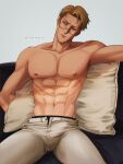  1boy abs absurdres armpits black_male_underwear blonde_hair brown_eyes bulge cowboy_shot glasses grey_pants highres jujutsu_kaisen large_pectorals lips looking_at_viewer male_focus male_underwear muscular muscular_male nanami_kento nipples nthndn pants parted_lips pectorals pillow short_hair sitting solo topless_male underwear 