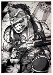  1boy absurdres animification apex_legends belt blood blood_on_face bullet crazy_smile eyepatch facial_hair fuse_(apex_legends) greyscale gun hair_behind_ear highres holding holding_gun holding_weapon m1904_mastiff male_focus mechanical_arms monochrome multicolored_hair mustache one_eye_covered pants shiba_shiba shirt short_hair shotgun single_mechanical_arm solo soul_patch streaked_hair v-shaped_eyebrows vest weapon weapon_on_back 