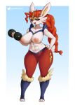  2023 abs absurd_res anthro areola breasts cinderace digital_media_(artwork) dumbbell eyelashes female fingers front_view gammainks generation_8_pokemon hair hi_res holding_object long_hair looking_at_viewer nintendo nipples open_mouth pokemon pokemon_(species) simple_background solo weights 