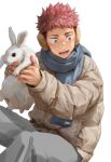  1boy animal beitemian coat earmuffs holding holding_animal itadori_yuuji jujutsu_kaisen long_sleeves looking_away male_focus pink_hair rabbit scarf short_hair simple_background solo undercut white_background winter_clothes winter_coat yellow_eyes 