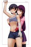  2girls absurdres arm_up artist_name bandaged_arm bandages bare_shoulders black_hair black_shorts black_thighhighs blue_eyes breast_grab breasts closed_mouth fingering grabbing grabbing_from_behind grey_tank_top hair_between_eyes highres kanbaru_suruga long_hair long_sleeves looking_at_another medium_breasts monogatari_(series) multiple_girls pink_shirt purple_hair purple_skirt reach-around senjougahara_hitagi seraziel shirt short_hair shorts skirt tank_top thighhighs white_background yellow_eyes yuri 