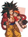  1boy 1girl ;d absurdres artist_name baggy_pants bandana bangs belt biceps black_belt black_hair blue_sash blue_wristband body_fur brown_eyes brown_pants cropped_shirt dragon_ball dragon_ball_gt eyelashes grandfather_and_granddaughter grin highres hug long_hair looking_at_another muscular muscular_male one_eye_closed open_mouth orange_bandana pan_(dragon_ball) pants parted_bangs pectorals red_fur red_shirt relio_db318 sash shirt short_sleeves simple_background smile son_goku spiked_hair super_saiyan super_saiyan_4 teeth twitter_username v-shaped_eyebrows white_background wristband yellow_eyes yellow_pants 