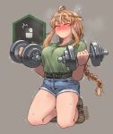  1girl ahoge belt blonde_hair blush boots braid breasts brown_footwear closed_eyes collarbone denim denim_shorts dumbbell ergot escape_from_tarkov exercise floating_hair flying_sweatdrops furrowed_brow gameplay_mechanics green_shirt grey_background hands_up holding indie_virtual_youtuber large_breasts long_hair mouse_(computer) puffy_cheeks shirt shirt_tucked_in short_shorts short_sleeves shorts sidelocks signature steaming_body t-shirt thighs trembling weightlifting whiskey_project 