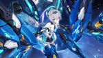  1girl armor bangs bare_shoulders blue_hair bronya_zaychik bronya_zaychik_(herrscher_of_truth) drill_hair earth_(planet) english_text grey_hair highres honkai_(series) honkai_impact_3rd looking_at_viewer mecha official_art official_wallpaper planet robot smile solo upper_body 