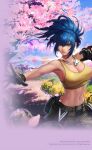  1girl artist_request belt blue_hair breasts camouflage camouflage_pants cherry_blossoms cherry_tree cleavage copyright disclaimer dog_tags earrings falling_petals floral_background gloves highres jewelry large_breasts leona_heidern midriff navel non-web_source official_art official_wallpaper pants petals tank_top the_king_of_fighters the_king_of_fighters_all-stars the_king_of_fighters_xv toned triangle_earrings yellow_tank_top 