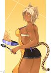  23_(real_xxiii) animal_ears apron athletic back bare_shoulders blonde_hair breasts cat_ears cooking cutoffs dark-skinned_girl_(23) dark_skin denim denim_shorts flipping_food food from_behind frying_pan highres large_breasts looking_back muscle orange_eyes original shiny shiny_skin short_hair short_shorts shorts sideboob solo spatula sports_bra tail tiger_tail 