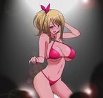  bad_id bad_pixiv_id bare_shoulders bikini blonde_hair blush breasts breasts_apart brown_eyes cleavage curvy fairy_tail large_breasts lens_flare lucy_heartfilia marugoshi_teppei naughty_face open_mouth side-tie_bikini smile solo stripper swimsuit underboob undressing 