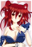  bad_id bad_pixiv_id blush breasts cleavage fuyuno_taka hair_bobbles hair_ornament highres huge_breasts onozuka_komachi red_eyes red_hair short_hair solo touhou two_side_up undressing wrist_cuffs 