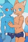  blue_eyes blue_fur bulge clothing dark_ishihara felid feline fur male male/male mammal orange_fur red_eyes swimsuit 