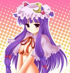  between_breasts blush bottomless bow breasts capelet cleavage crescent hair_bow hat kinagi_yuu long_hair medium_breasts nude patchouli_knowledge purple_eyes purple_hair ribbon solo touhou 