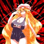  blonde_hair bow breasts character_name hat huge_breasts long_hair one-piece_swimsuit school_swimsuit solo swimsuit touhou translated tro very_long_hair yakumo_yukari yin_yang 