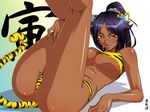  animal_ears animal_print ass bikini bleach blue_hair blush breasts covered_nipples dark_skin kagami_hirotaka kneepits large_breasts legs legs_up long_hair looking_at_viewer lying naughty_face on_back orange_eyes ponytail shihouin_yoruichi smile solo swimsuit tail tiger_ears tiger_print tiger_tail underboob 
