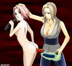  agasan anal blonde_hair brown_eyes dildo entering green_eyes haruno_sakura hokage jewelry naruto nude pendant pendent pink_hair tsunade 