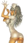  alien1452 ass breasts earrings glove gloves gray_hair grey_hair highres jewelry large_breasts long_hair nurse skindentation 