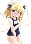 :&lt; blonde_hair blush drill_hair kusaba_(kusabashiki) long_hair luna_child one-piece_swimsuit pee peeing peeing_self red_eyes school_swimsuit solo swimsuit tears touhou triangle_mouth twintails wings 