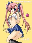  blue_eyes blush breasts crop_top gundam gundam_seed hair_ornament hair_ribbon hairclip haro hits kneehighs lacus_clyne long_hair medium_breasts microphone navel no_bra panties pantyshot pink_hair ribbon skirt socks solo tank_top underboob underwear upskirt very_long_hair white_panties 